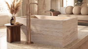 Floating Walnut Double Bathroom Vanity Unit, Cross-Cut Beige Travertine — 60"