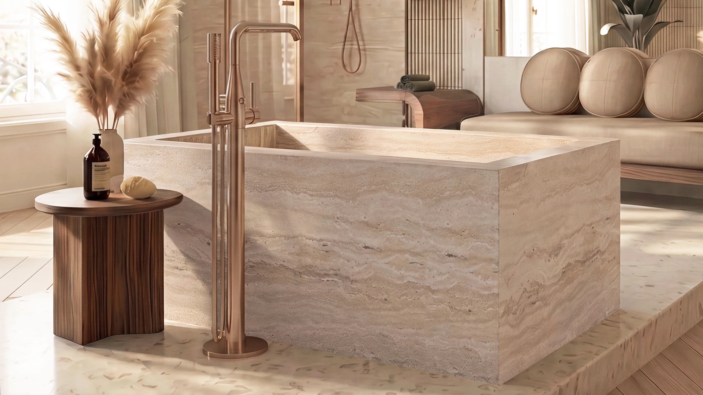 Vein-Cut Beige Travertine Rectangle Freestanding Bathtub — 67"