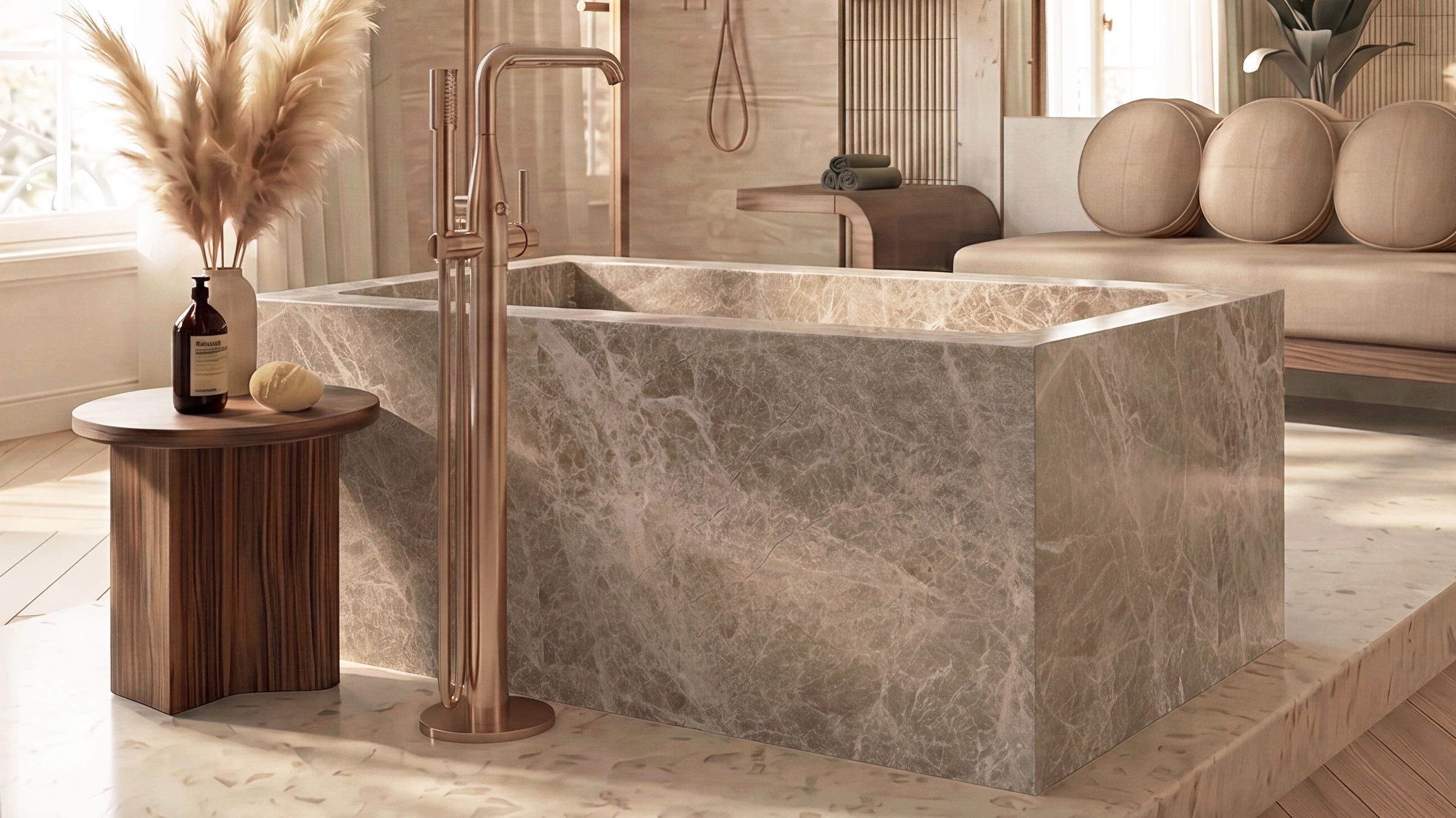 Emperador Light Marble Rectangle Freestanding Bathtub — 67"