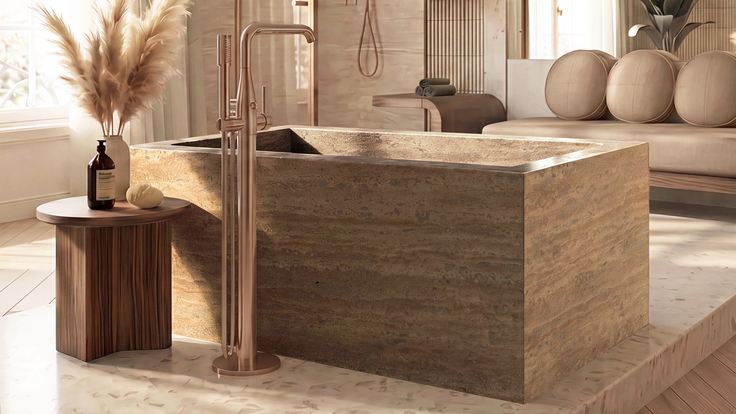 Vein-Cut Noce Travertine Rectangle Freestanding Bathtub — 67"