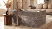 Vein-Cut Silver Travertine Rectangle Freestanding Bathtub — 67"