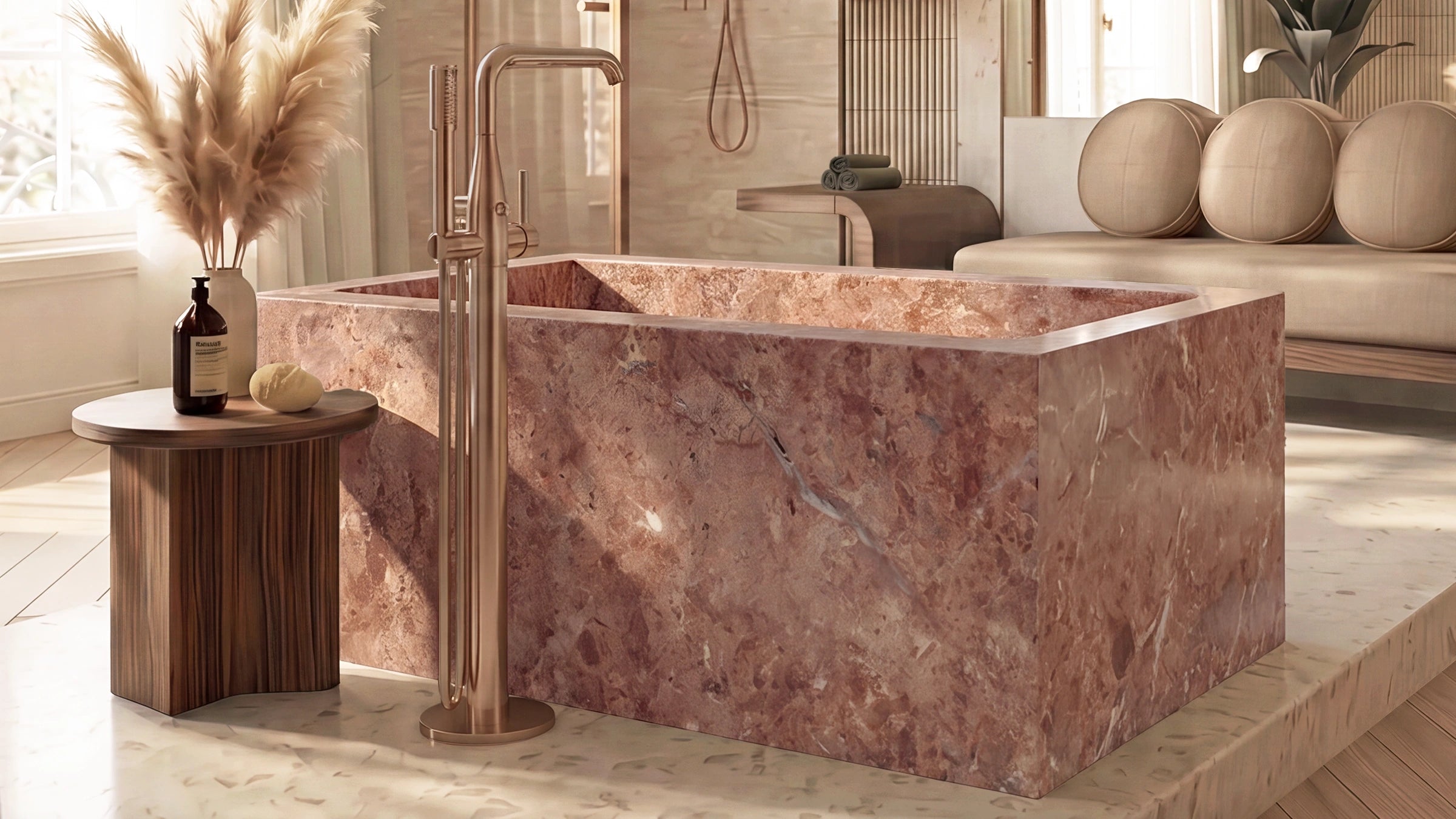 Cross-Cut Red Travertine Rectangle Freestanding Bathtub — 67"