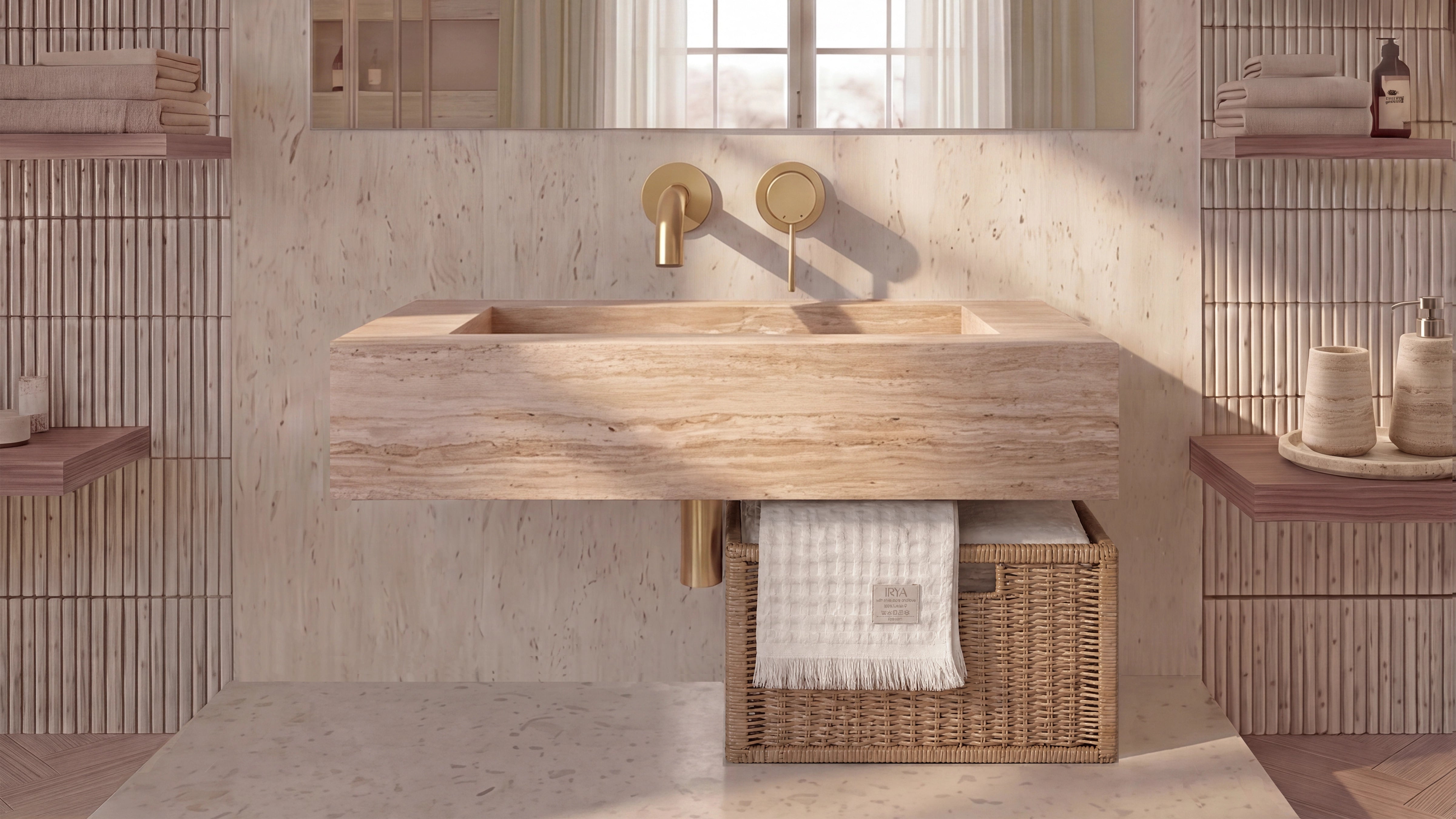 Vein-Cut Beige Travertine Floating Bathroom Sink — 20"