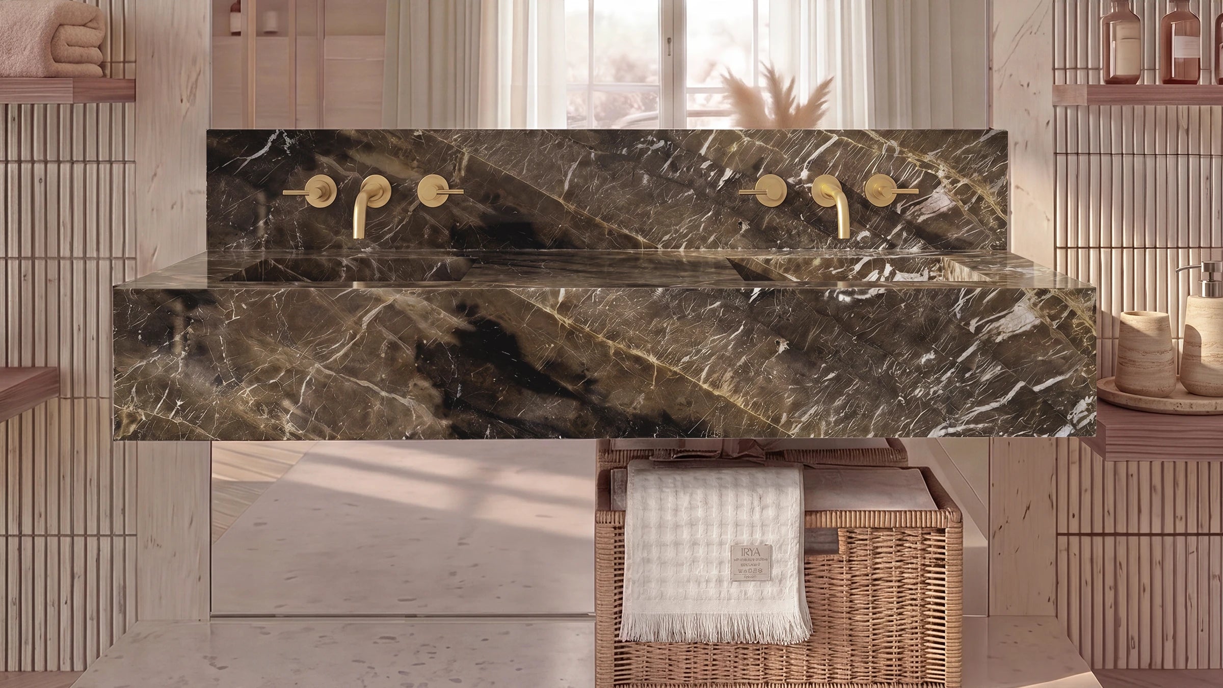 King Brown Marble Floating Double Bathroom Sink — 10" Backsplash — 60"