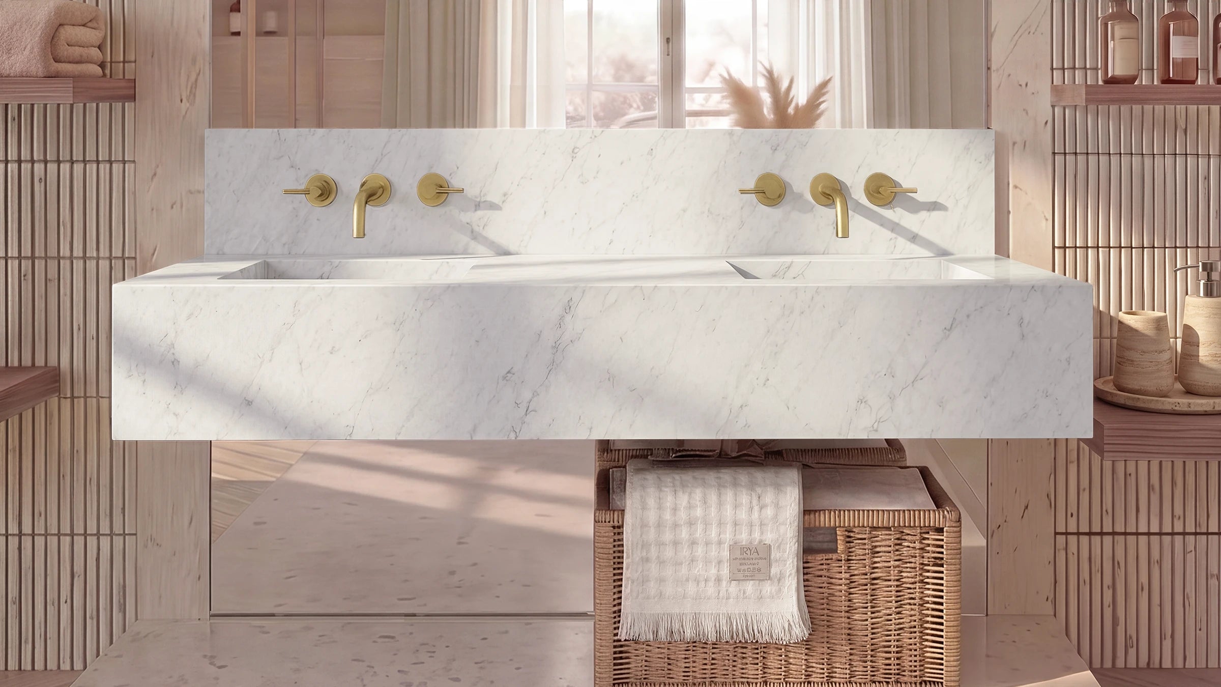 Carrara White Marble Floating Double Bathroom Sink — 10" Backsplash — 60"