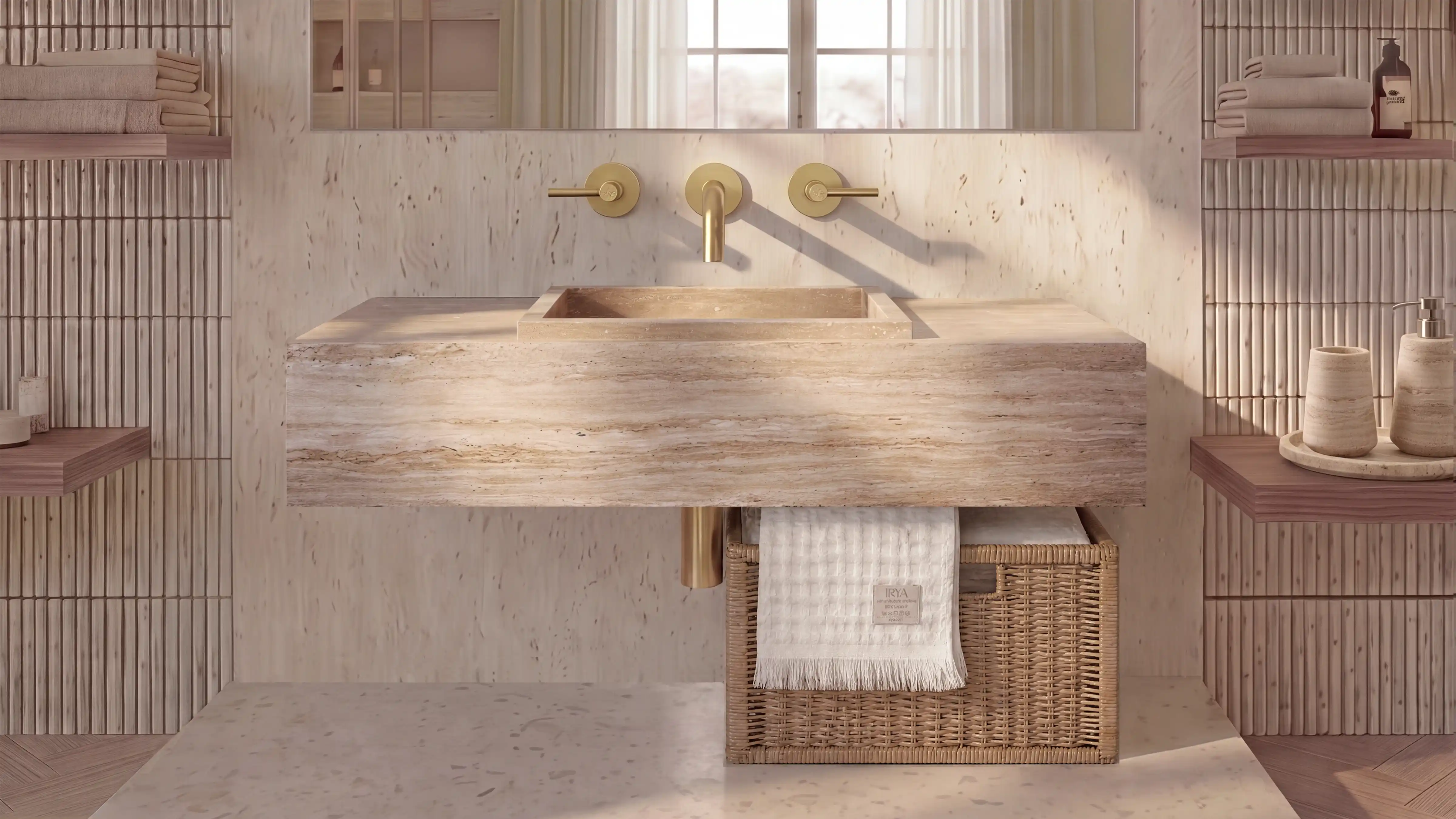 Vein-Cut Beige Travertine Floating Bathroom Sink — 28"