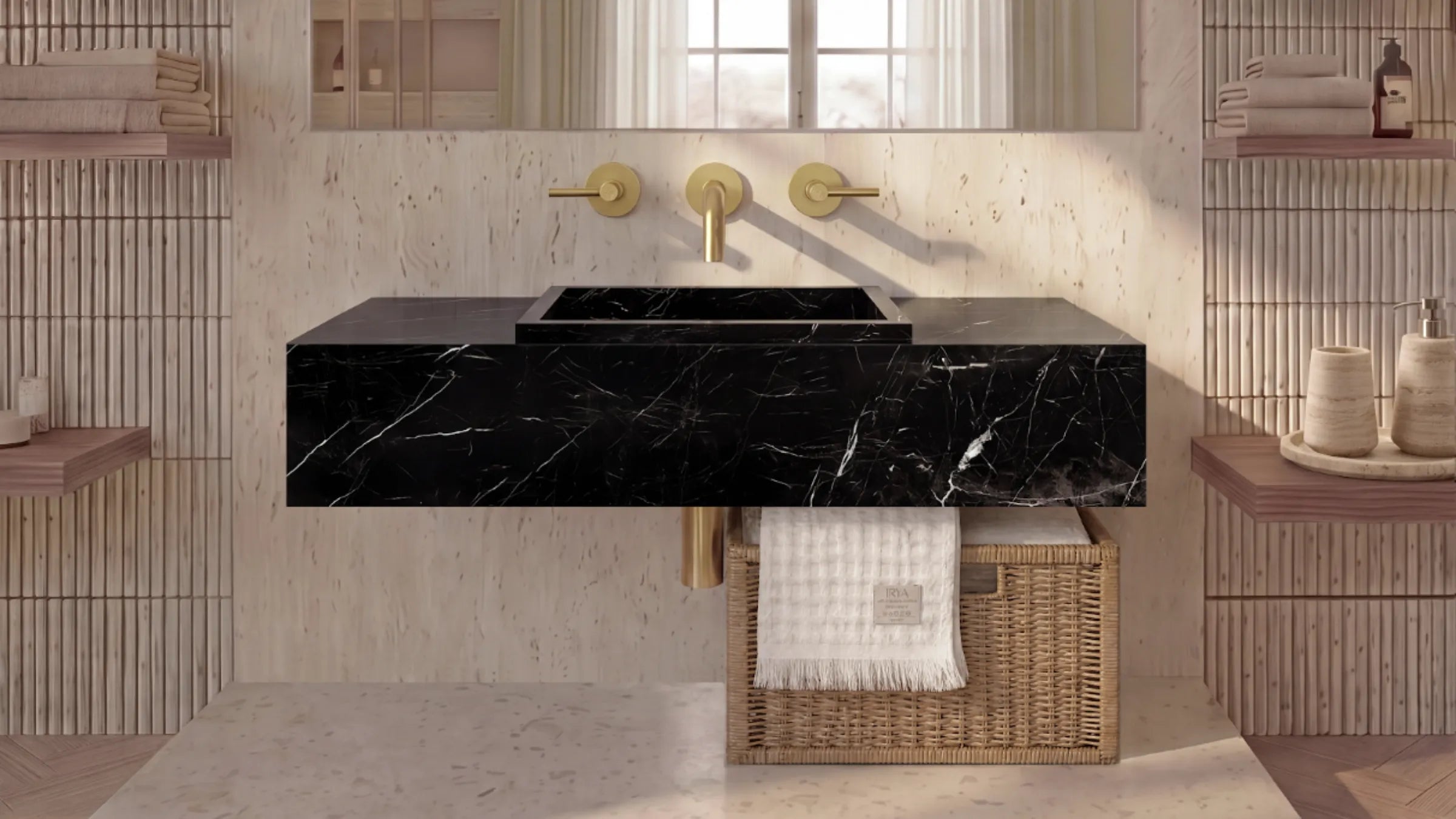 Nero Marquina Marble Floating Bathroom Sink — 28"