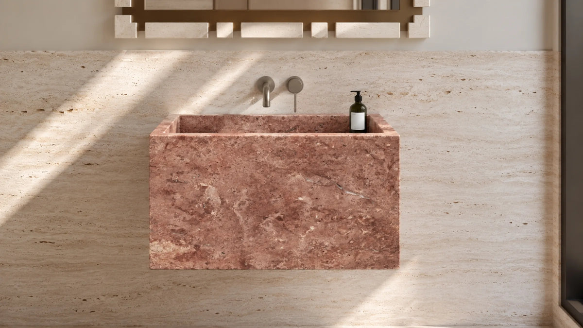 Cross-Cut Red Travertine Floating Bathroom Sink — 24"