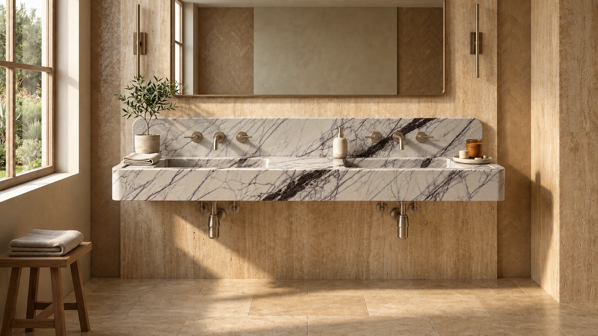 60-inch Lilac marble floating double sink in a travertine bathroom