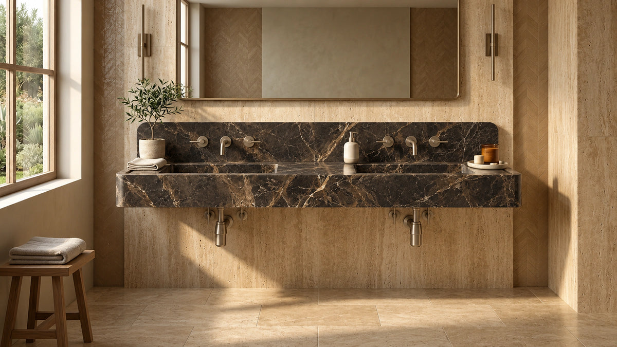 60-inch Emperador Dark marble floating double sink in a travertine bathroom