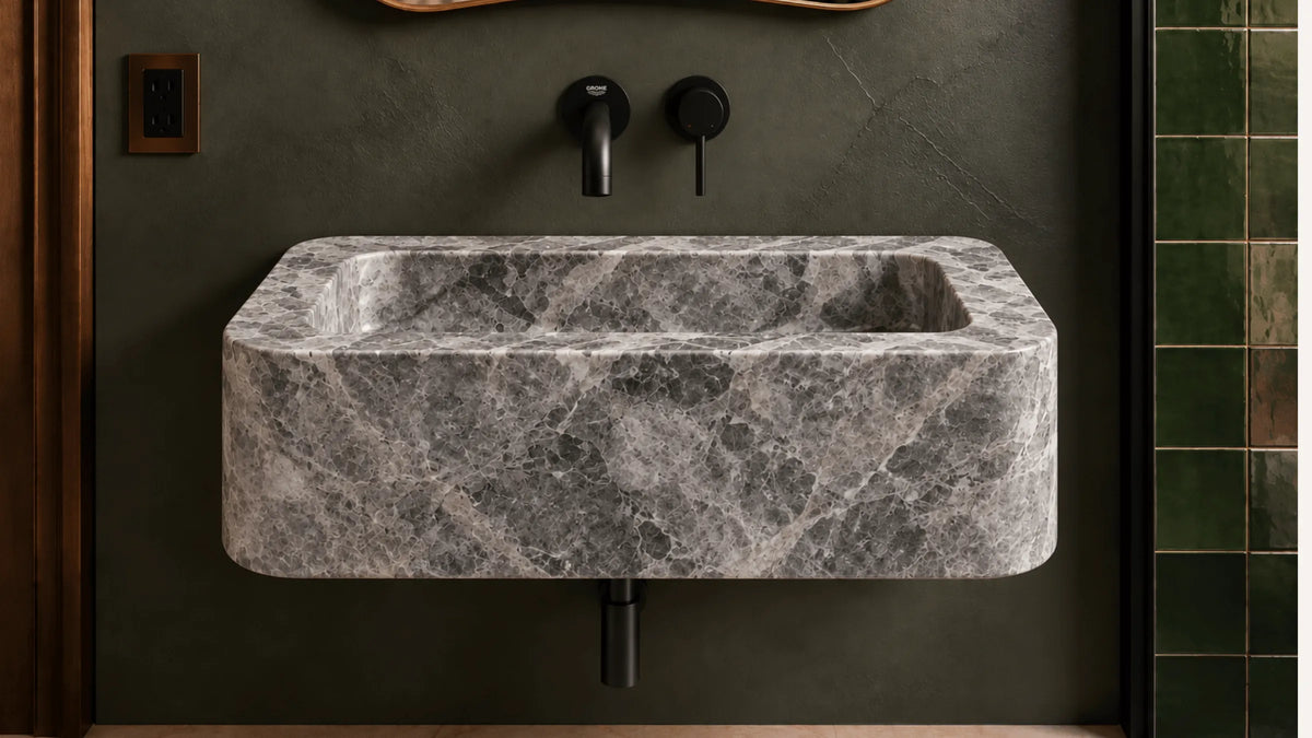 Tundra Gray Marble Floating Bathroom Sink — 22"