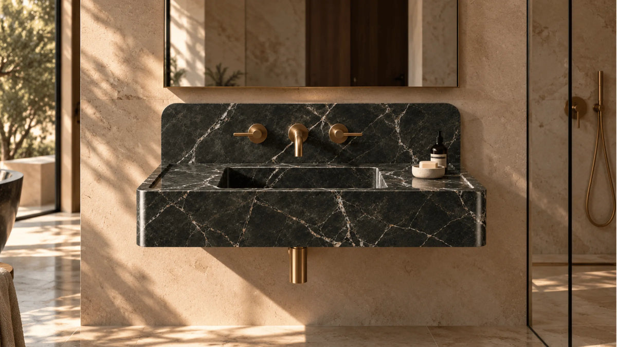 Petroleum Green Marble Floating Bathroom Sink — 30"