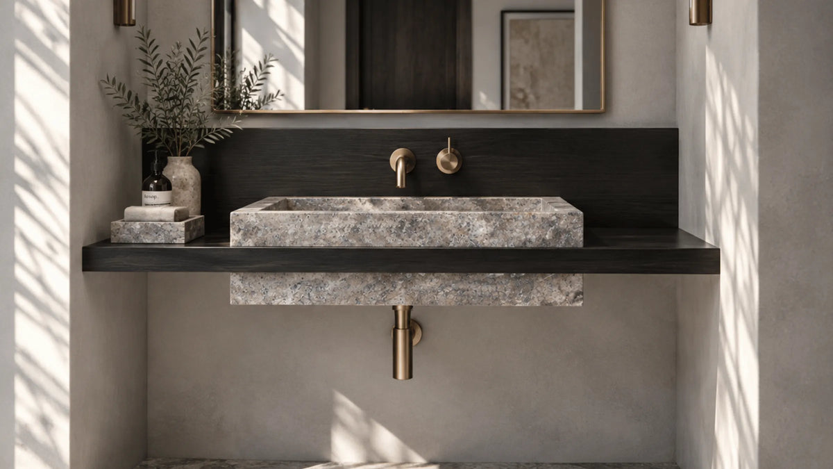 Cross-Cut Silver Travertine Floating Bathroom Sink with Wood Shelf