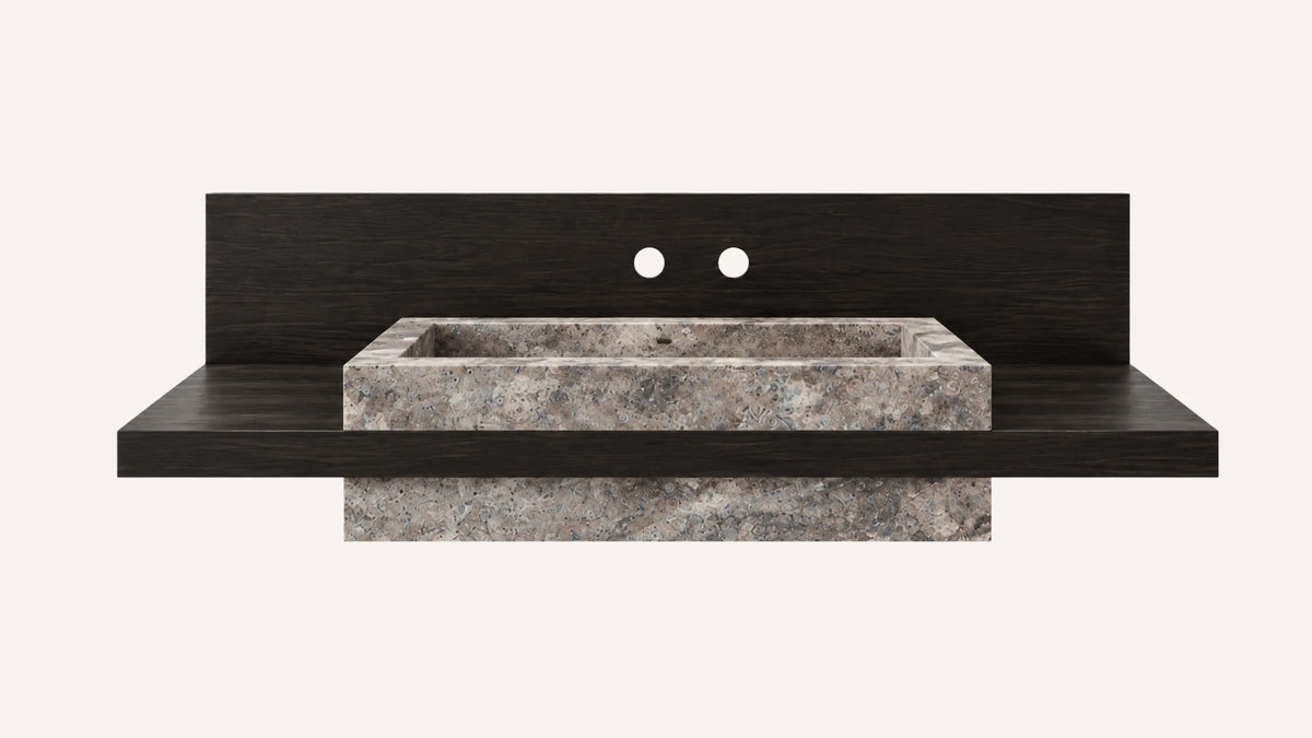 Cross-Cut Silver Travertine Floating Bathroom Sink with Wood Shelf