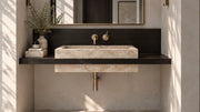 Cross-Cut Beige Travertine Floating Bathroom Sink with Wood Shelf