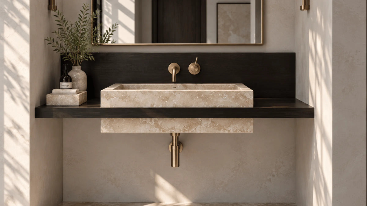 Cross-Cut Beige Travertine Floating Bathroom Sink with Wood Shelf
