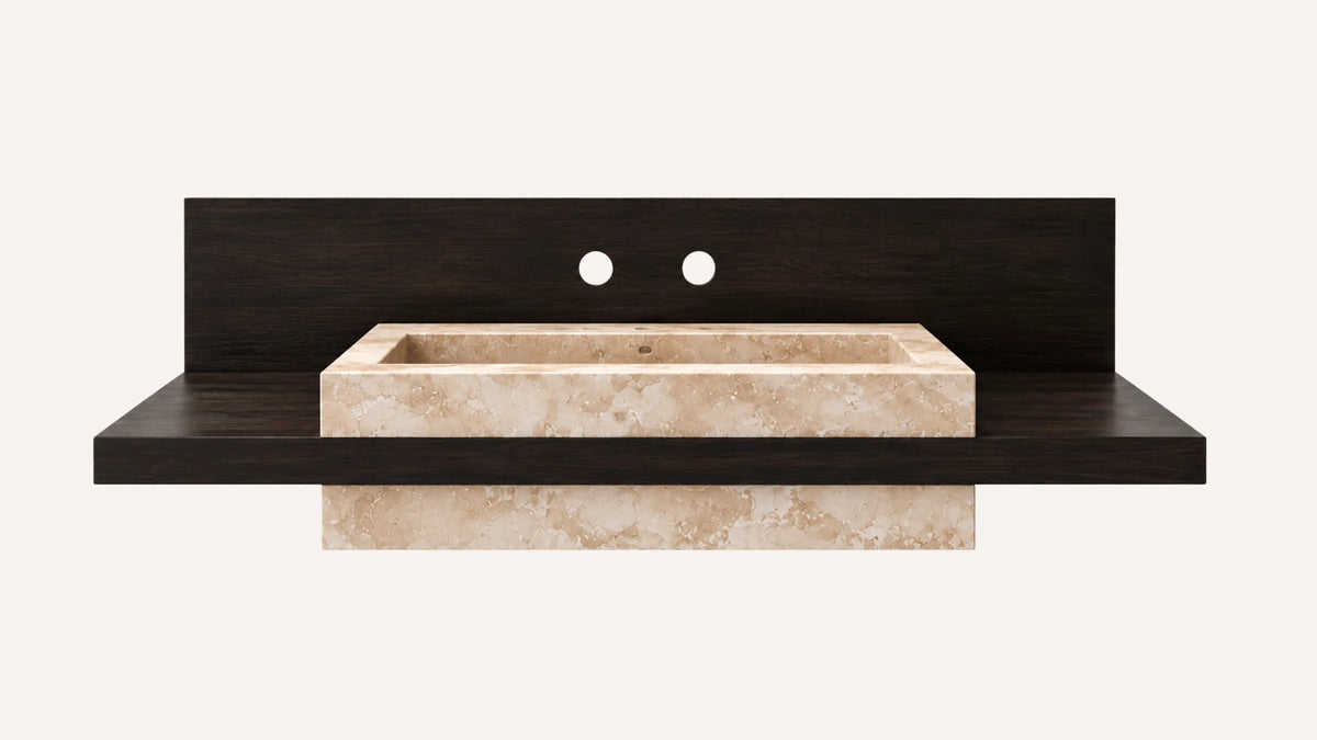 Cross-Cut Beige Travertine Floating Bathroom Sink with Wood Shelf
