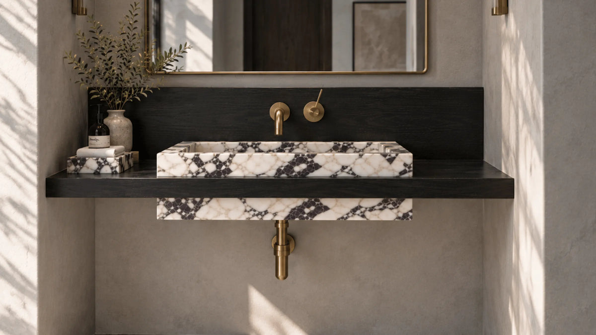 Calacatta Viola Marble Floating Bathroom Sink with Wood Shelf