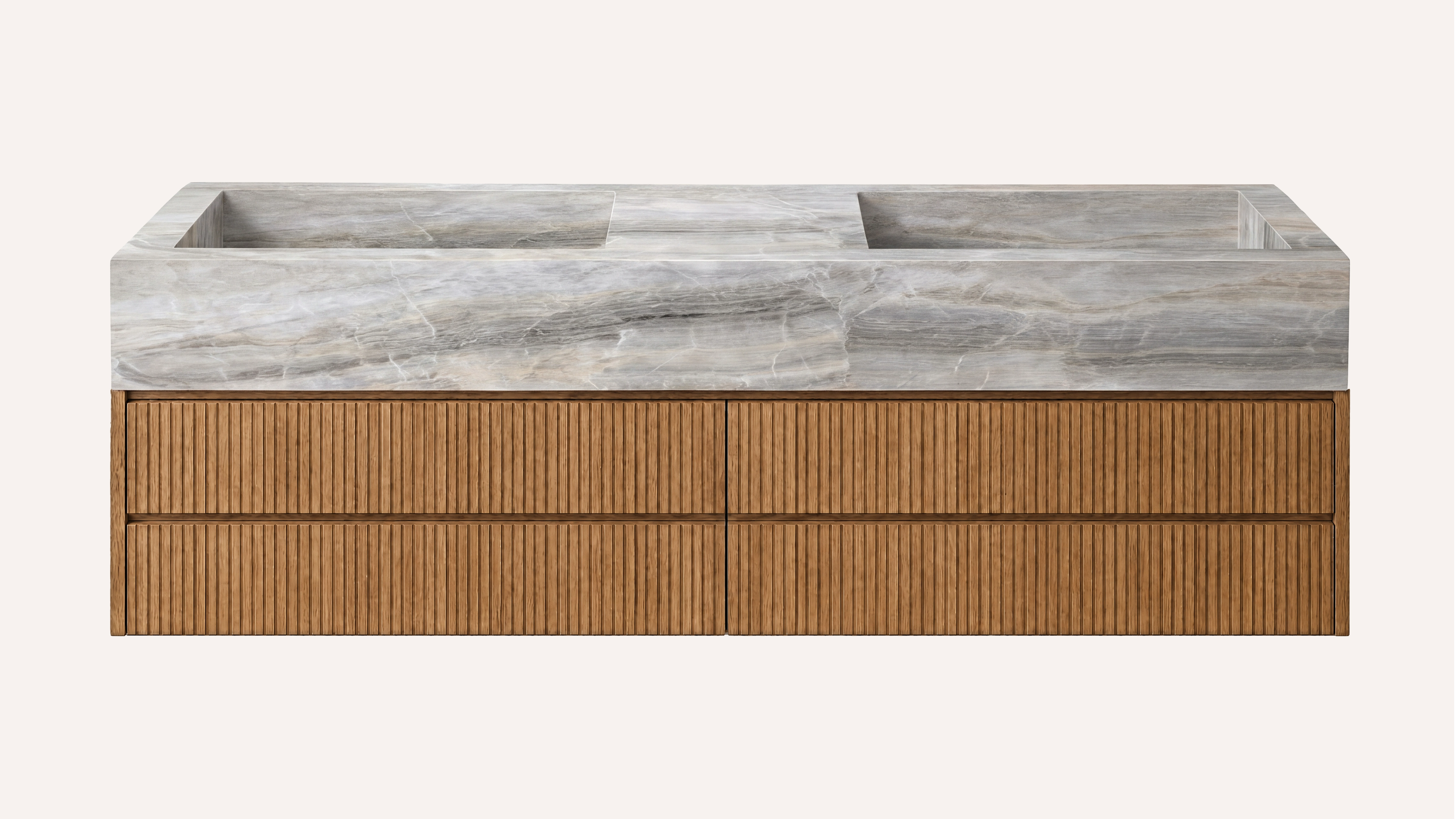 Floating Natural Oak Double Bathroom Vanity Unit, Royal Mirage Marble — 60"