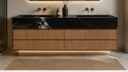 Floating Natural Oak Double Bathroom Vanity Unit, Nero Marquina Marble — 60"