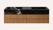 Floating Natural Oak Double Bathroom Vanity Unit, Nero Marquina Marble — 60"