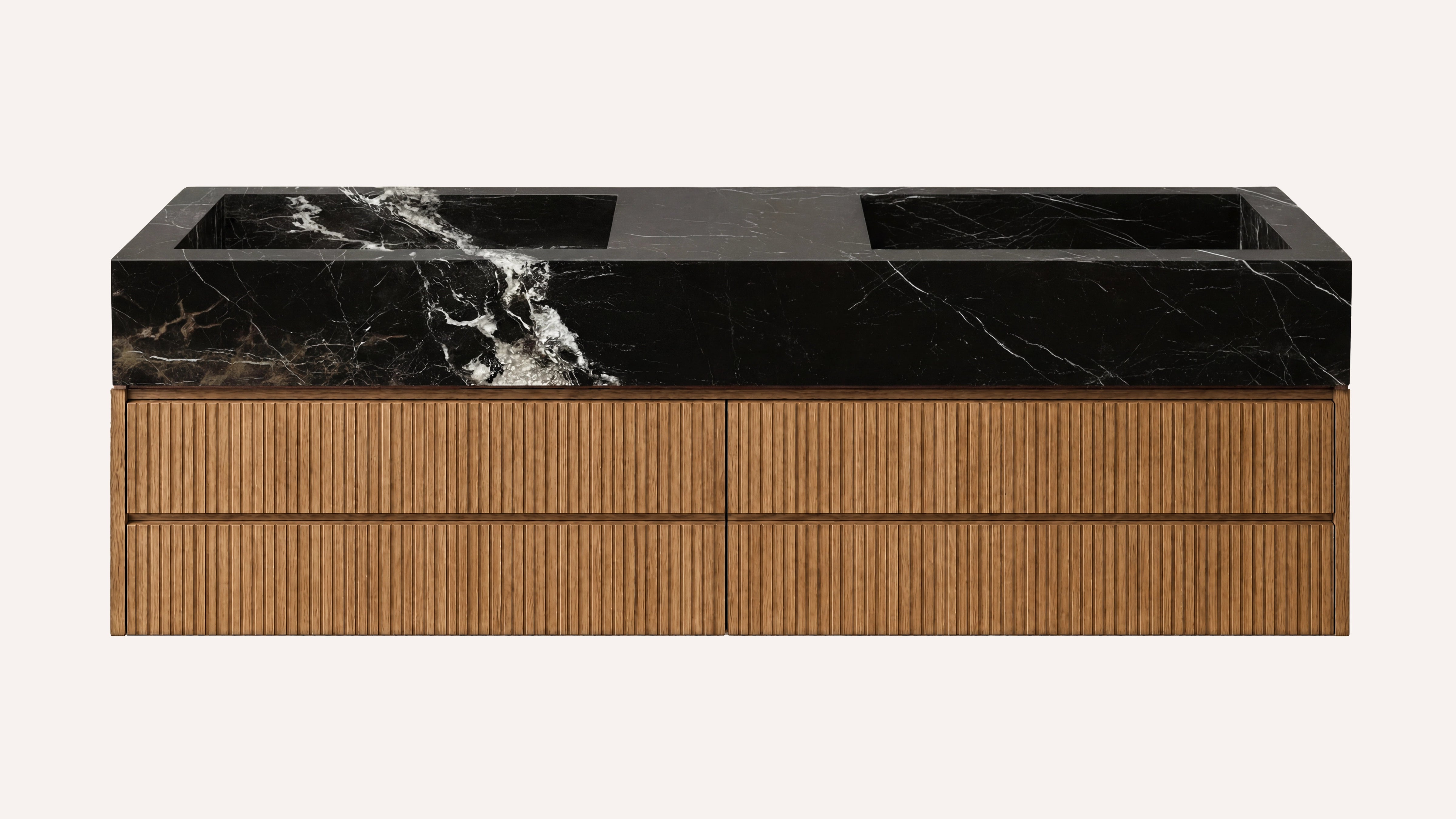 Floating Natural Oak Double Bathroom Vanity Unit, Nero Marquina Marble — 60"