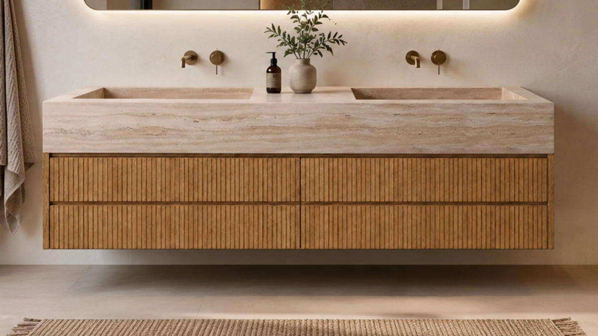Floating Natural Oak Double Bathroom Vanity Unit, Vein-Cut Beige Travertine — 60"