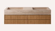 Floating Natural Oak Double Bathroom Vanity Unit, Vein-Cut Beige Travertine — 60"