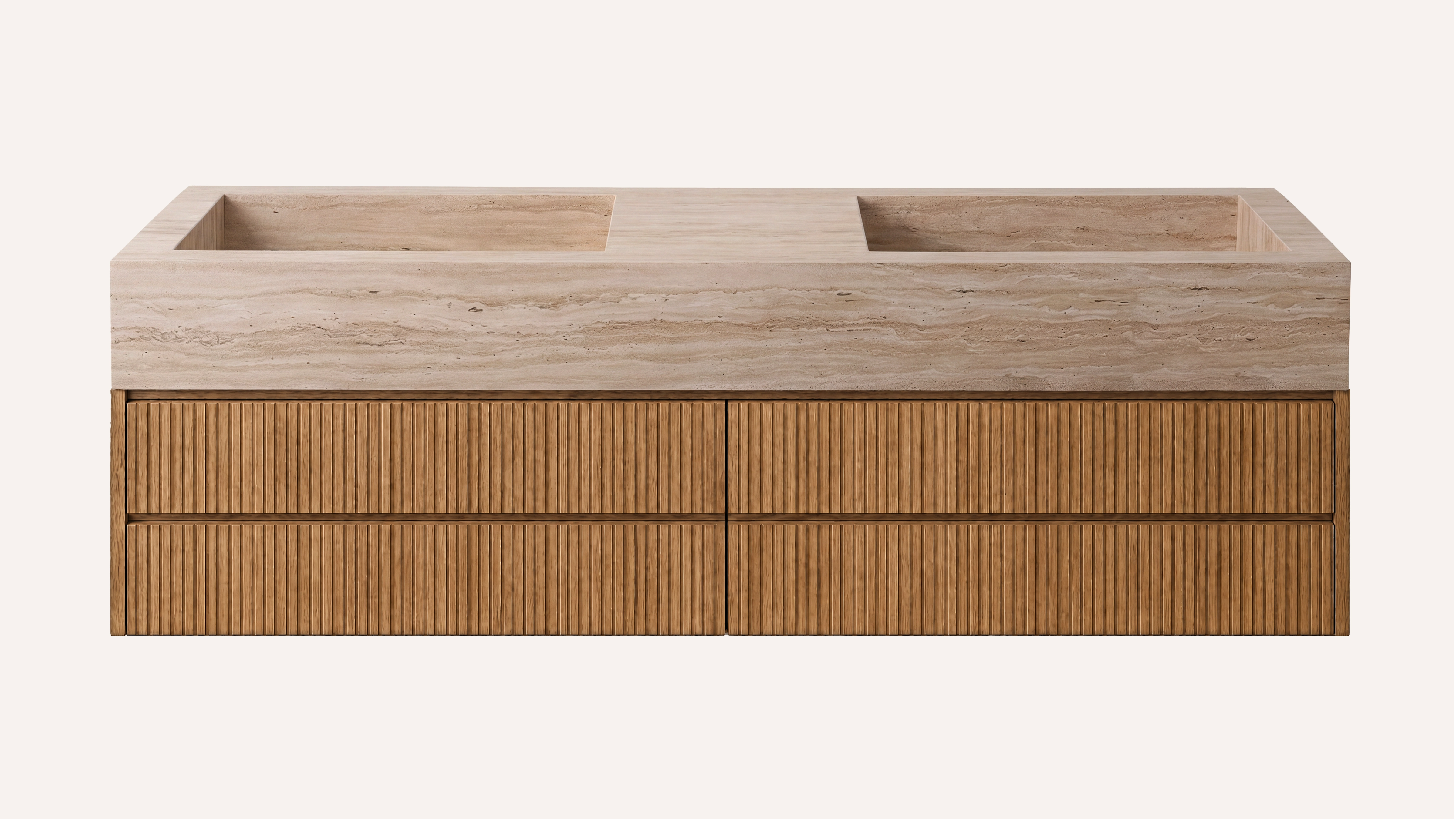 Floating Natural Oak Double Bathroom Vanity Unit, Vein-Cut Beige Travertine — 60"