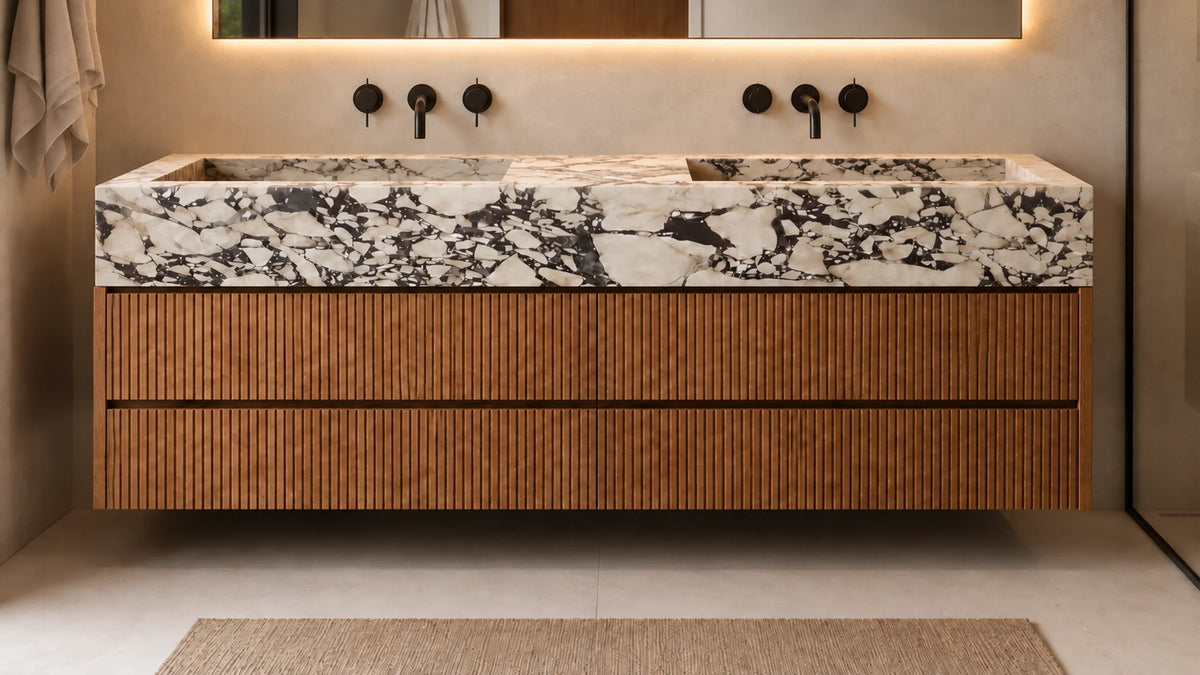 Calacatta Viola marble double floating vanity corrected proportions