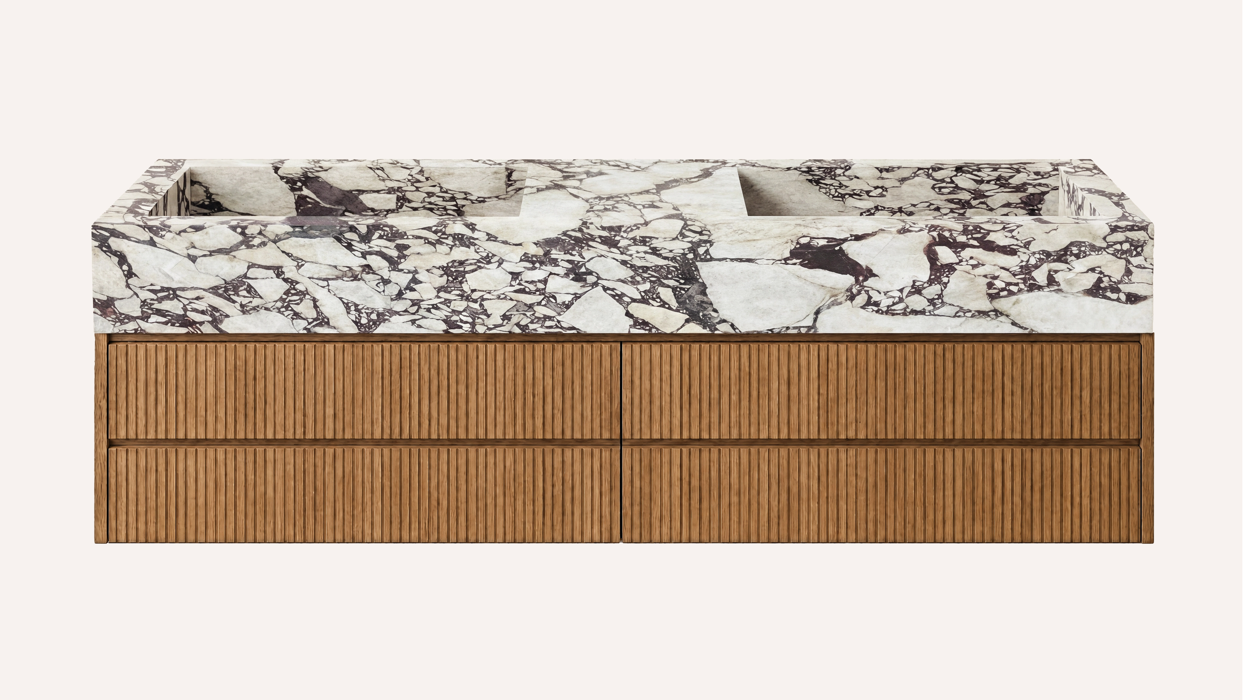 Floating Natural Oak Double Bathroom Vanity Unit, Calacatta Viola Marble — 60"