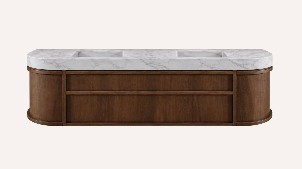 Floating Walnut Double Bathroom Vanity Unit, Carrara White Marble — 60"