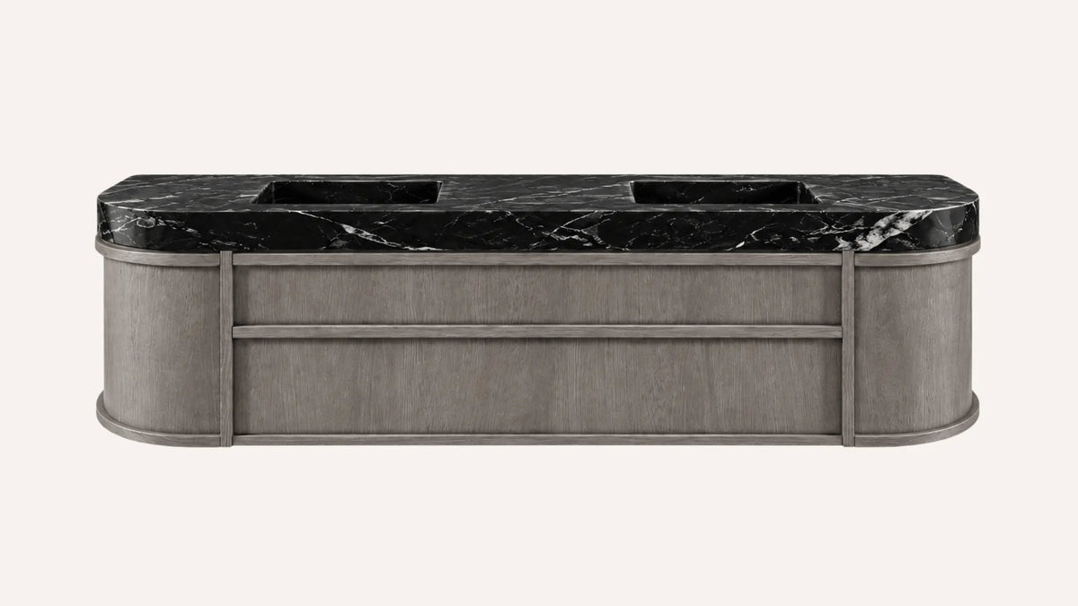 Floating Gray Oak Double Bathroom Vanity Unit, Nero Marquina Marble — 60"