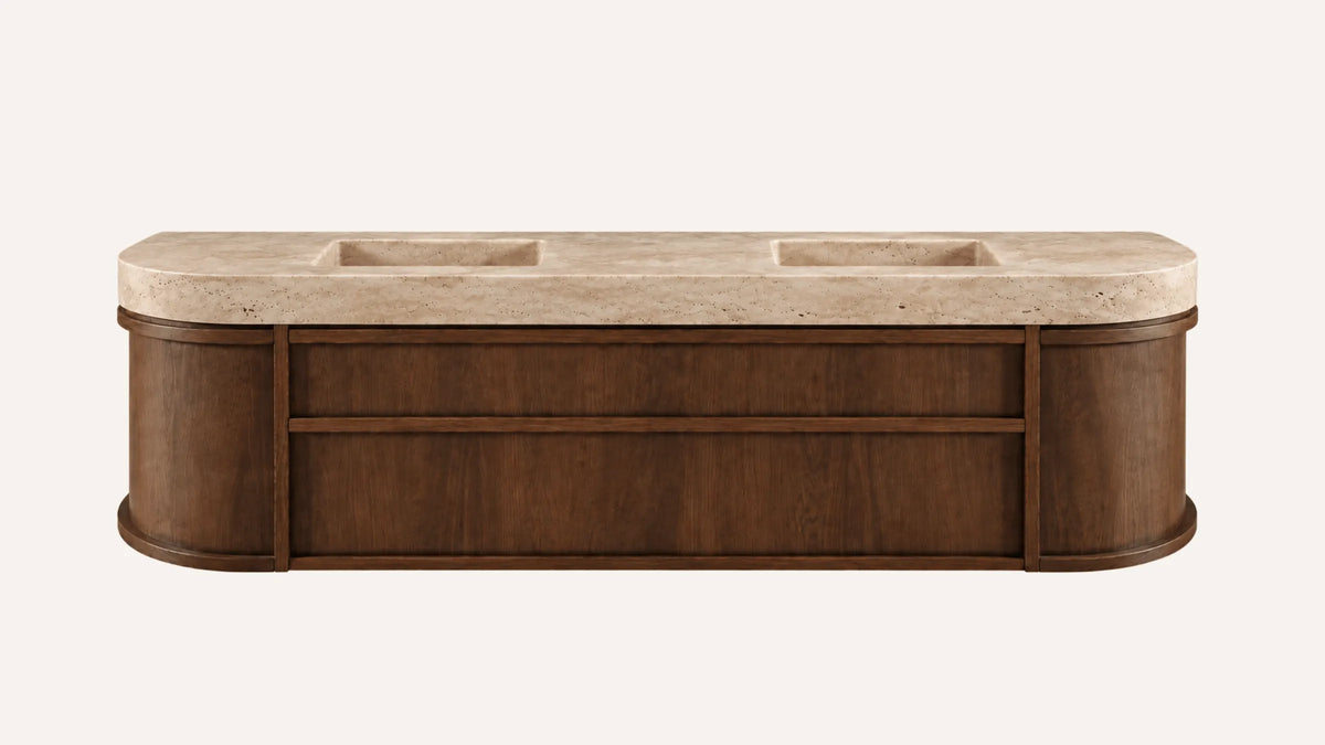 Floating Walnut Double Bathroom Vanity Unit, Cross-Cut Beige Travertine — 60"