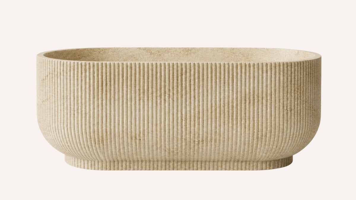 Cross-Cut Beige Travertine Oval Fluted Freestanding Bathtub — 60"