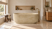 Cross-Cut Beige Travertine Oval Fluted Freestanding Bathtub — 60"