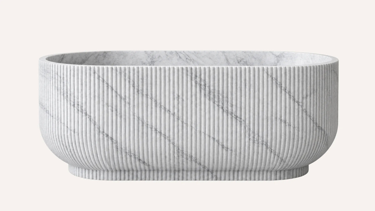 Carrara White Marble Oval Fluted Freestanding Bathtub — 60"