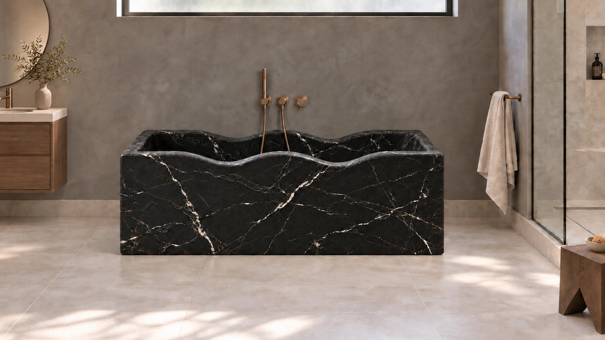 Nero Marquina Marble Wave Freestanding Bathtub — 67"