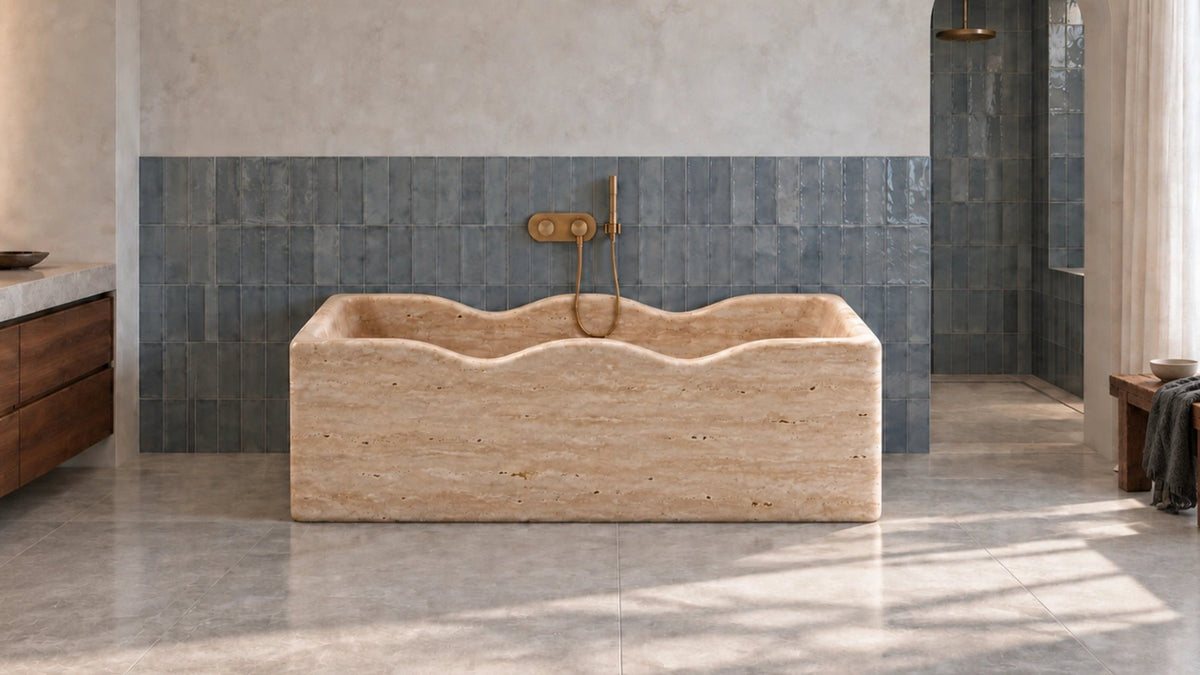 Vein-Cut Beige Travertine Wave Freestanding Bathtub — 67"