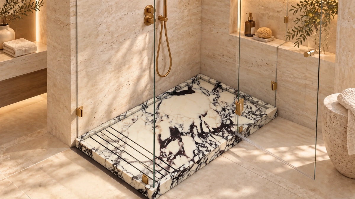 Calacatta Viola Marble Rectangular Shower Tray — 60" — bathroom lifestyle