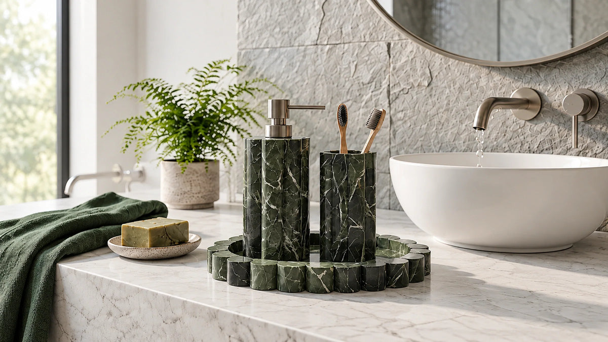 Petroleum Green marble bathroom accessories lifestyle