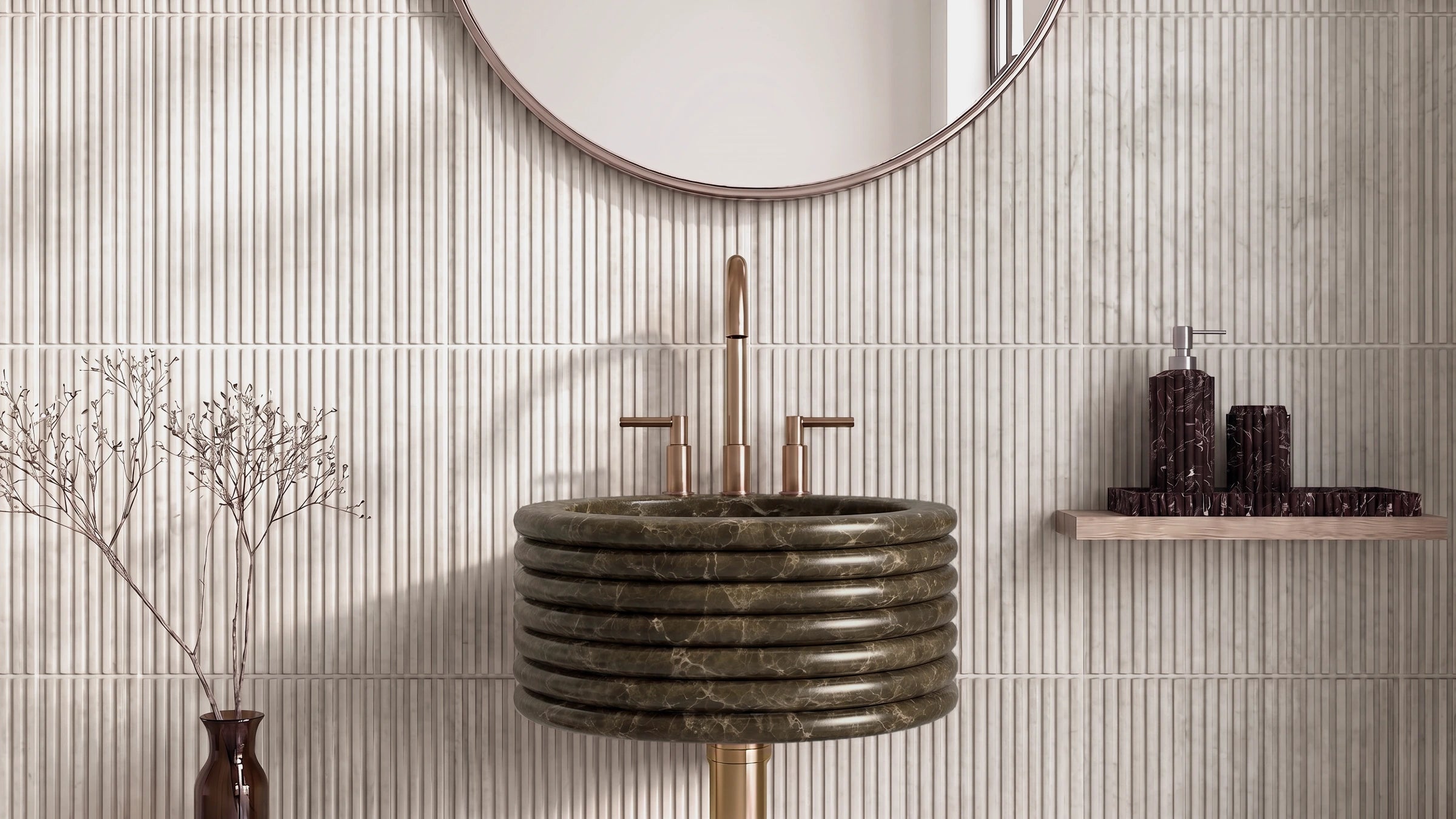 Emperador Dark Marble Vessel Fluted Bathroom Sink — 20"