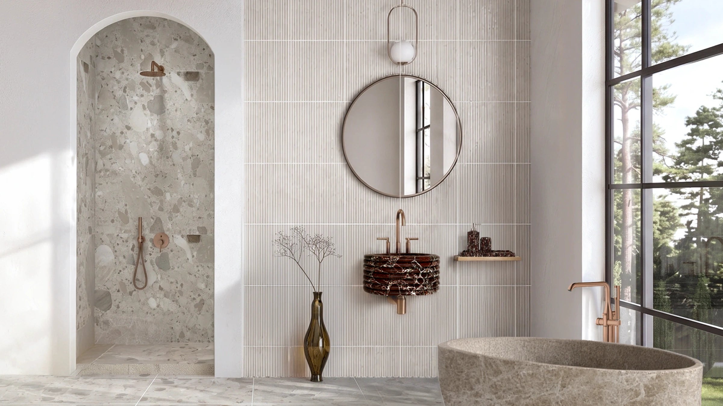Rosso Levanto Marble Vessel Fluted Bathroom Sink — 20"