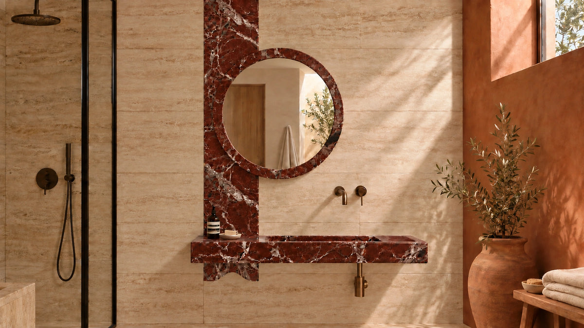 Rosso Levanto Marble Floating Bathroom Sink with Mirror — 45" — bathroom lifestyle