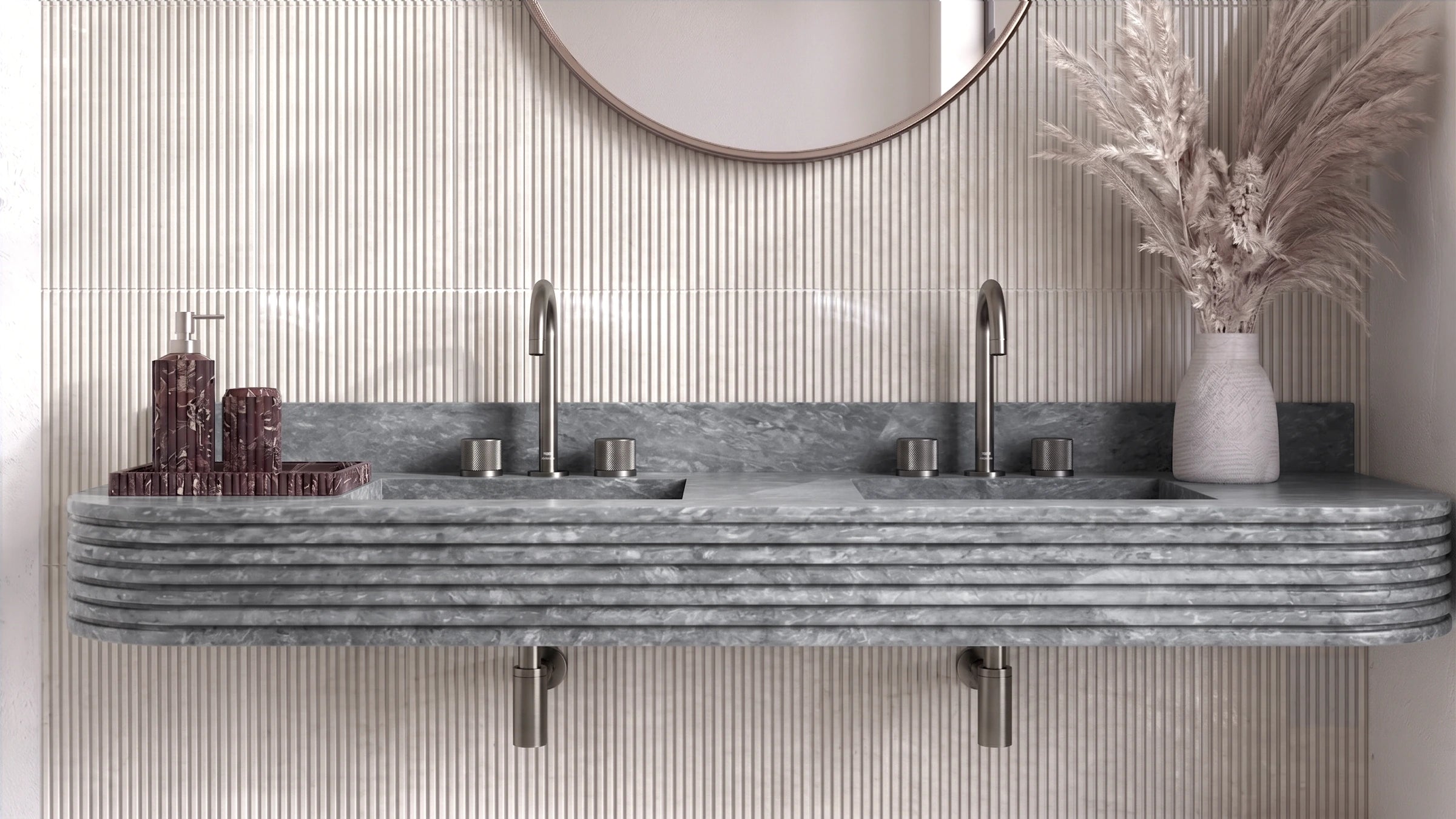 Tundra Gray Marble Floating Double Fluted Bathroom Sink — 4" Backsplash — 60"