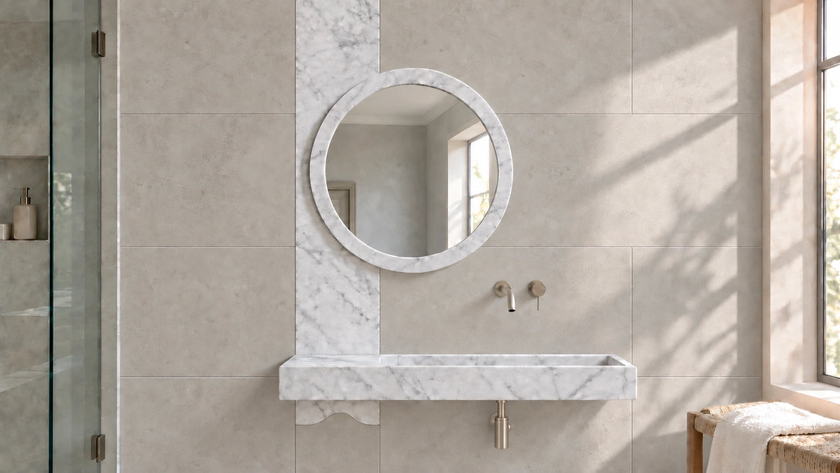Carrara White Marble Floating Bathroom Sink with Mirror — 45" — bathroom lifestyle