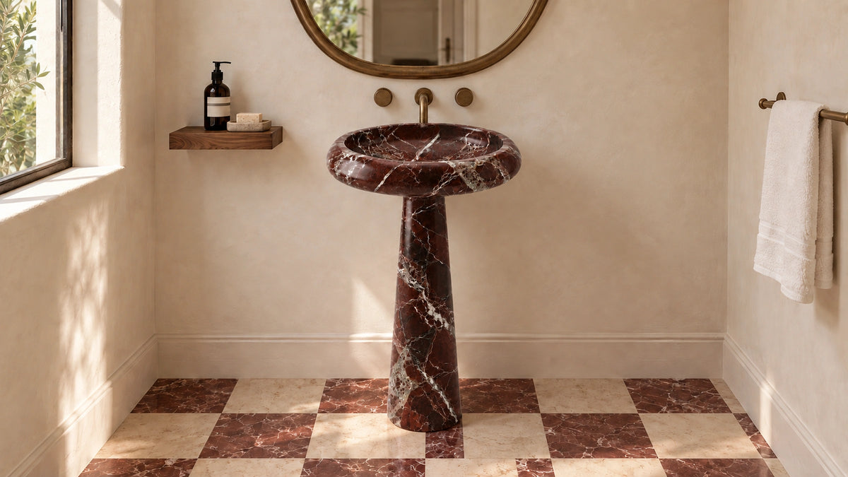 Rosso Levanto Marble Pedestal Sink — 16" — bathroom lifestyle