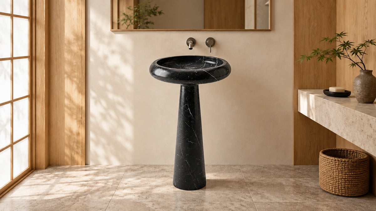 Nero Marquina Marble Pedestal Sink — 16" — bathroom lifestyle