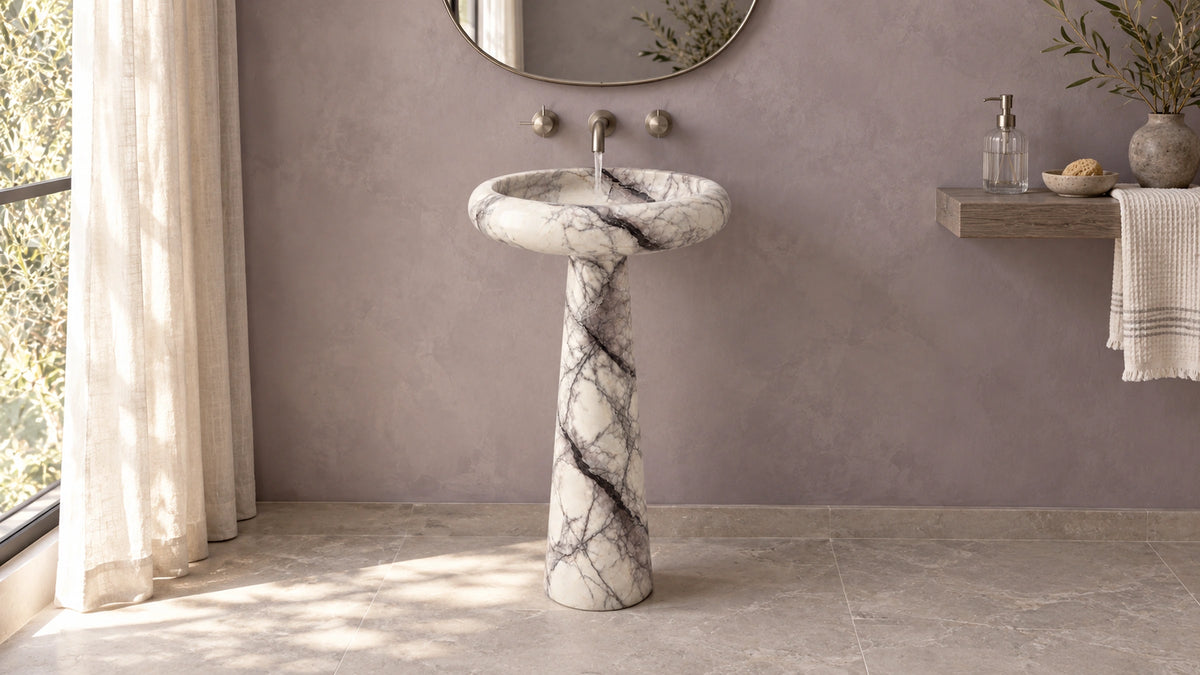 Lilac Marble Pedestal Sink — 16" — bathroom lifestyle