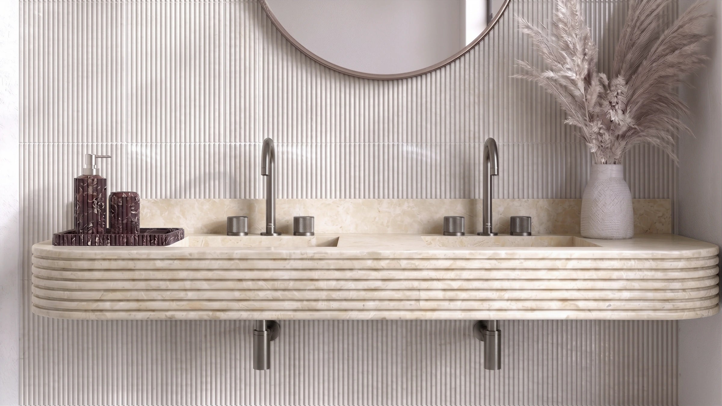Crema Beige Marble Floating Double Fluted Bathroom Sink — 4" Backsplash — 60"L x 21"W x 6"H